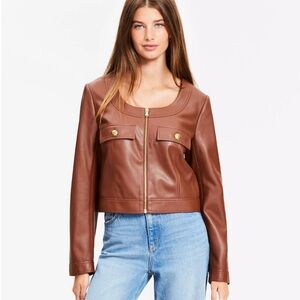 NWT ANN TAYLOR LOFT FAUX LEATHER CROPPED JACKET Camel Brown Gold Buttons M Tall